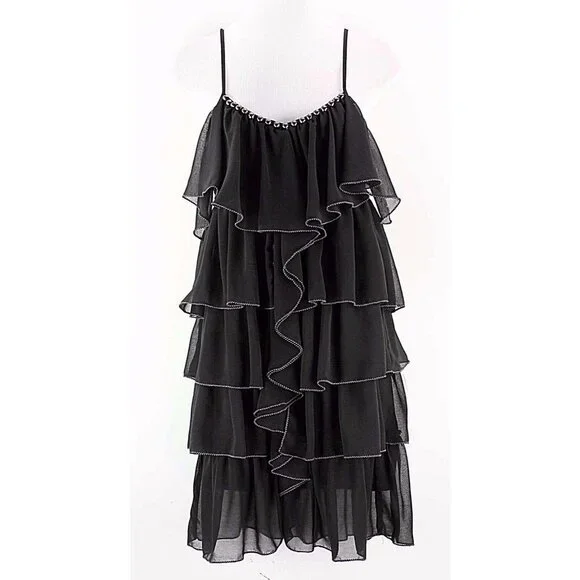 Esley $62 Sz S Black Tiered Ruffle Gunmetal Studs Trapeze Polyester Top - Picture 3 of 8